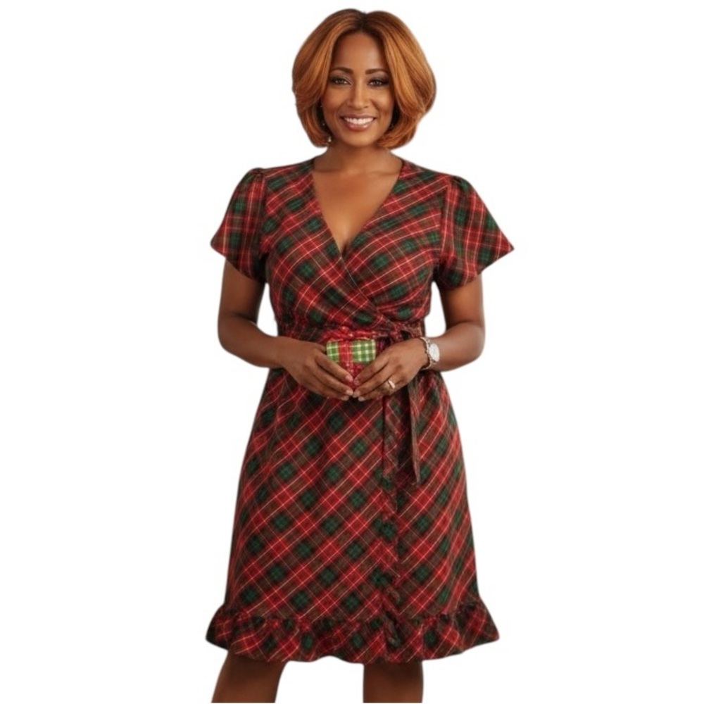 Gymboree Red Green Plaid Belted Wrap Holiday Dress Women’s XXL Tie Waist
